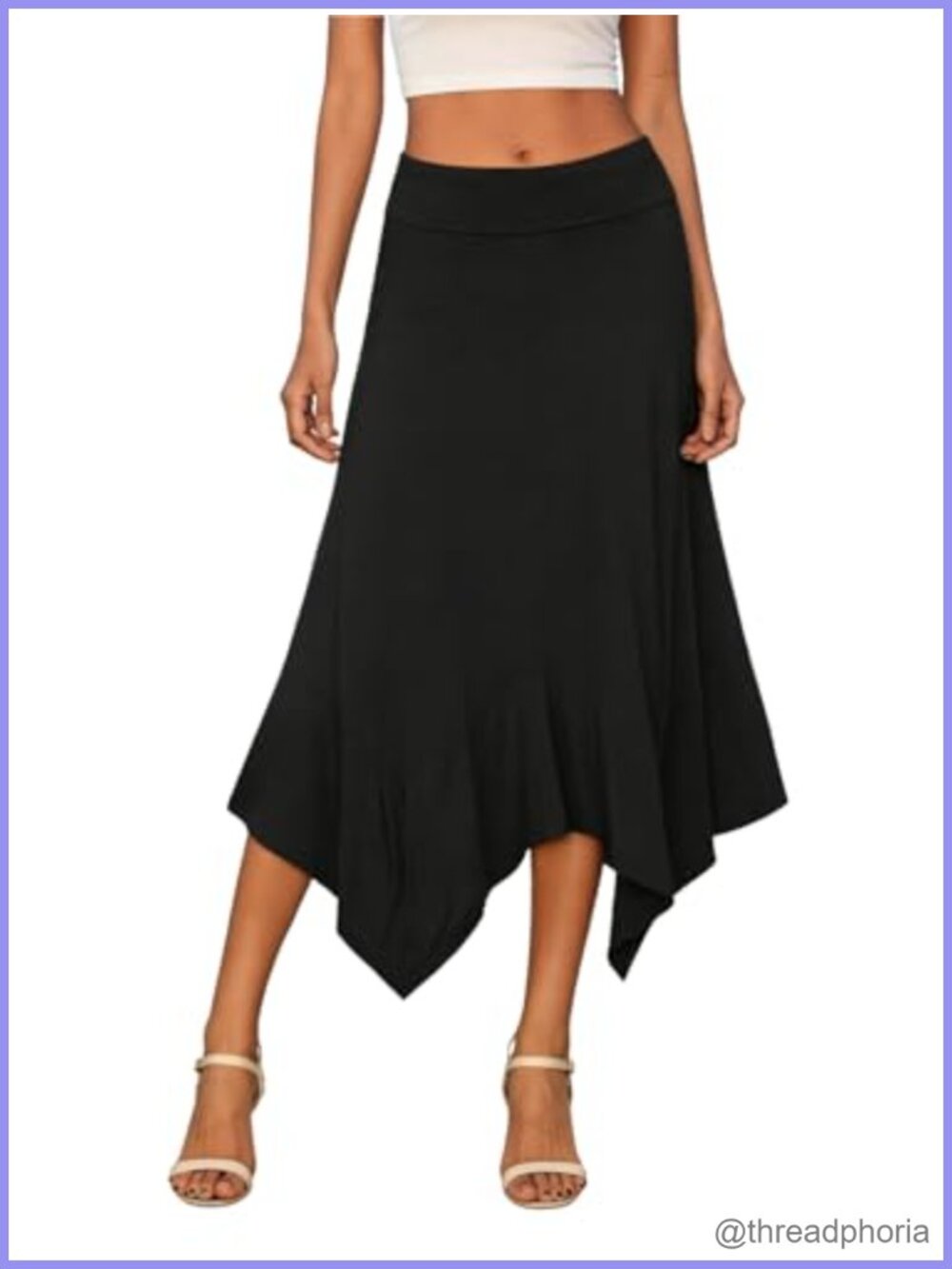 High Waisted Asymmetrical A Line Midi Skirt Soft Flowy Hanky Hem
